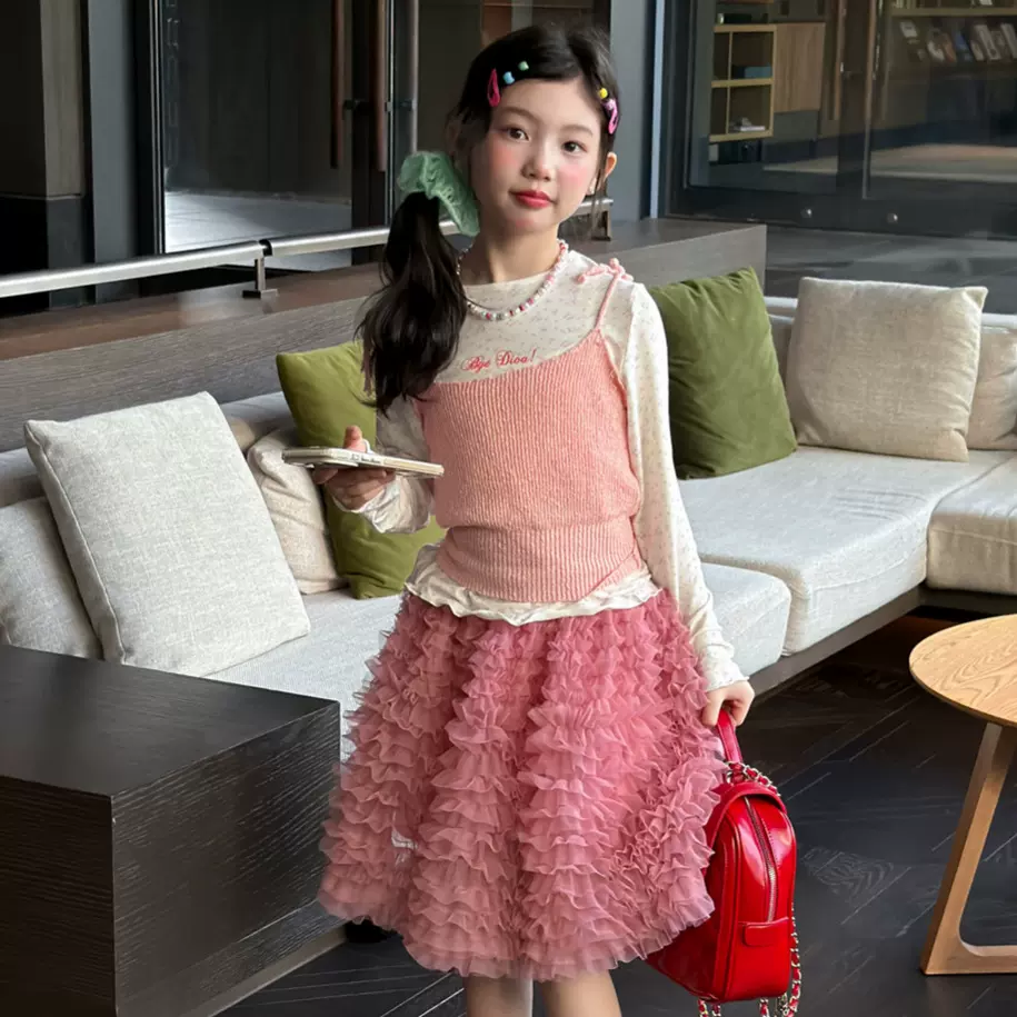 花与寻童装女童打底衫2026年春款碎花木耳边软糯透气百搭长袖上衣