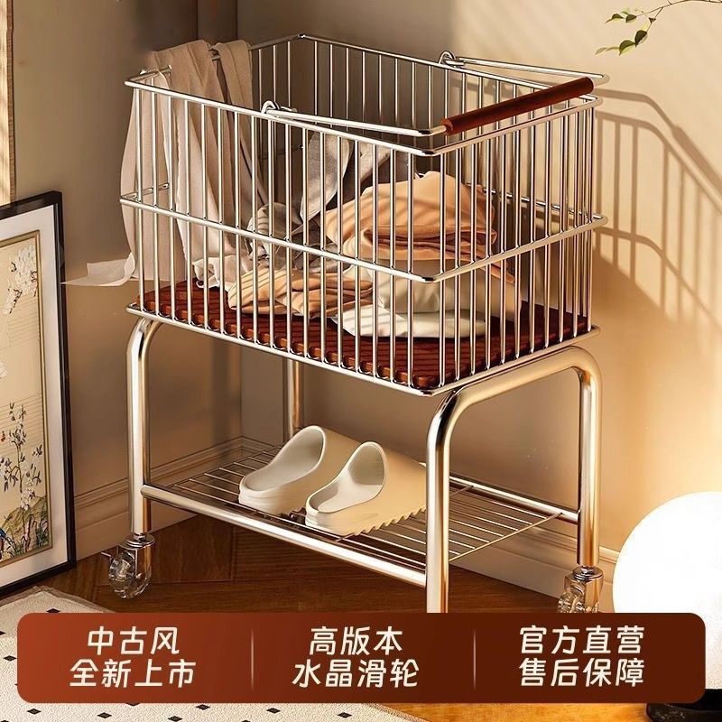 中古风脏衣篮浴室双层衣服收纳篮卫生间移动洗衣脏衣篓推车置物架|undefined