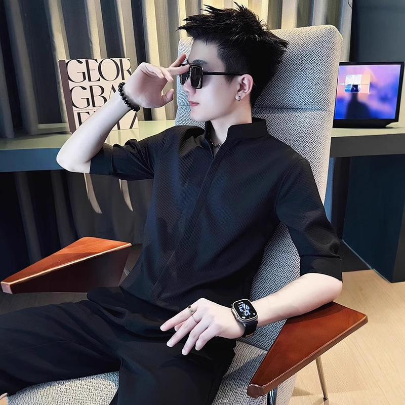Waffle Shirt Men's Short-Sleeved Summer Handsome Stand-Up Collar Shirt Men's 2025 New Summer Men's Mid-Sleeve Top