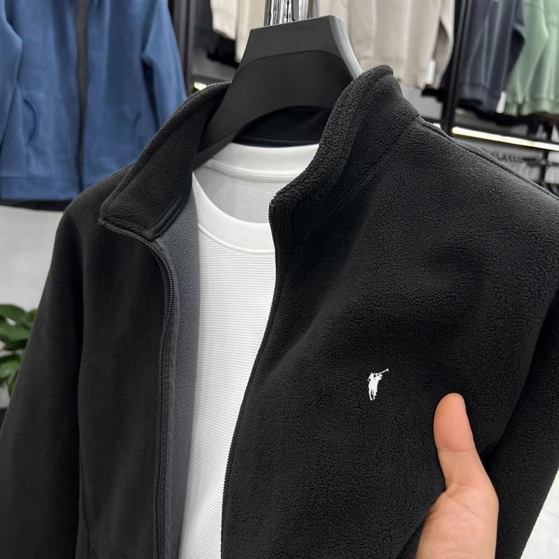 Autumn and Winter Double-Sided Cashmere Jacket Men's Casual Fashion Warm Pure Color Embroidered Outer Zipper Cardigan Jacket