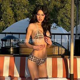 欧美外贸批发性感泳装比基尼格子印花拼接绑带挂脖文胸三角杯沙滩
