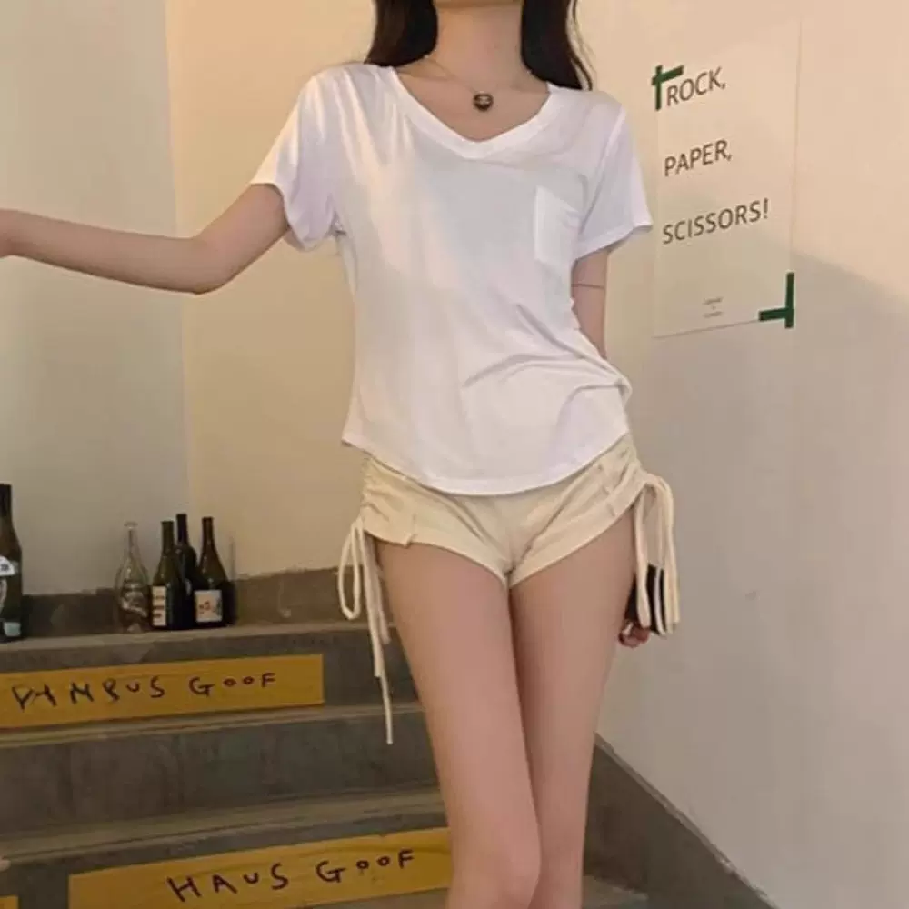 灰色v领不规则短袖女夏季新款纯欲风上衣宽松显瘦口袋T恤慵懒风潮