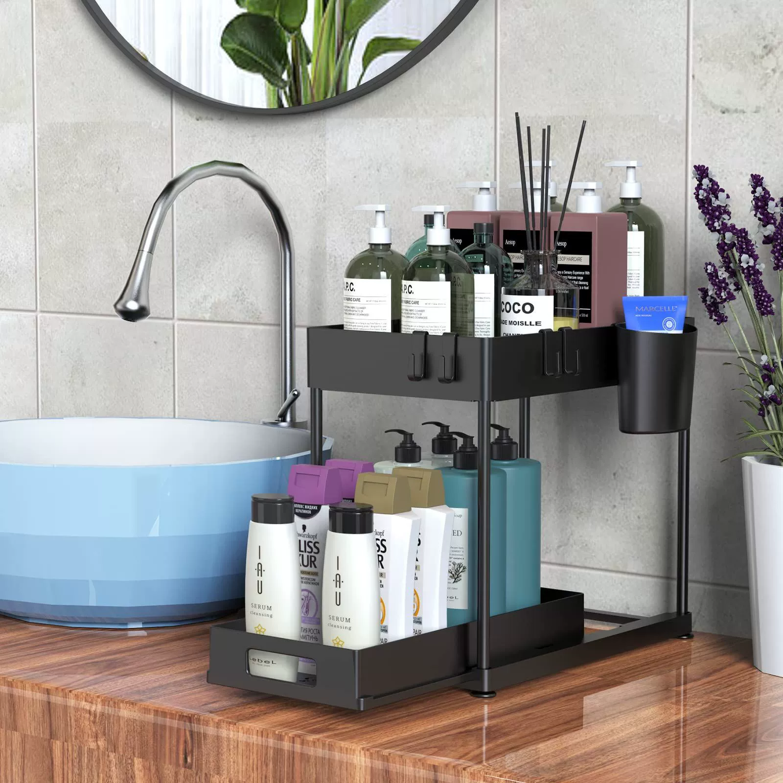 Haohong Double-Layer Pull-Down Kitchen Organizer Rack for Countertop or Cabinet, 40x24x7 cm