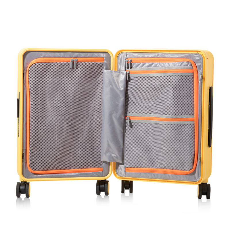 Vali nhựa PC 20 inch bánh xe xoay 360 độ mở trước, thiết kế đẹp, chứa được laptop — Injection Molding PC Double vách ngăn với túi lưới màu cam