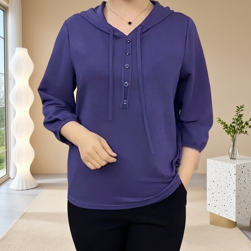 Trendy Mom's Elastic Top T-shirt, New Spring Style, Hooded, Three-Quarter Sleeves, Loose Fit, Slimming, Versatile Casual Sweatshirt Trendy Mom's Elastic Top T-shirt, New Spring Style, Hooded, Three-Quarter Sleeves, Loose Fit, Slimming, Versatile Casual Sweatshirt