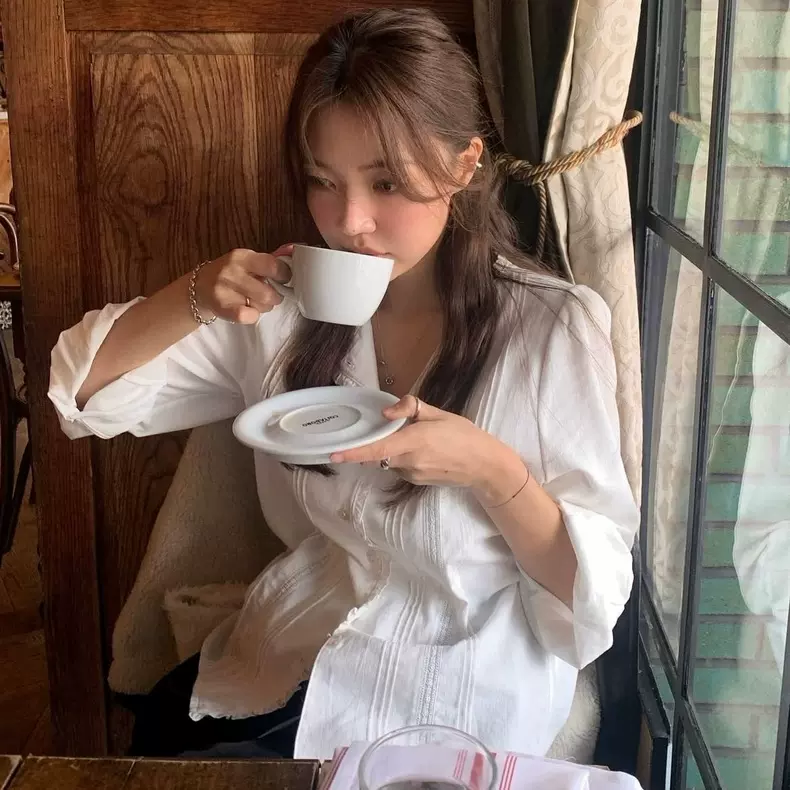 现货2025秋季新韩国东大门tan*at气质纯色花边领单排扣衬衫上衣女