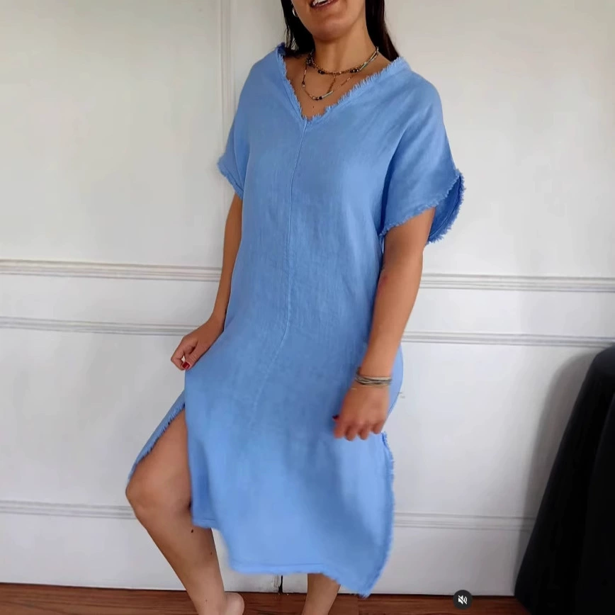 2025 Весенняя независимая станция Amazon Европа и США повседневный хлопок и лен сплошной цвет V-образной бахромы с разрезом длинная юбка AliExpress