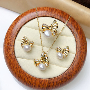 Authentic Freshwater Real Pearl Necklace, Earrings and Ring Three-Piece Set, Feminine Fashion Set for Girlfriend and Mother