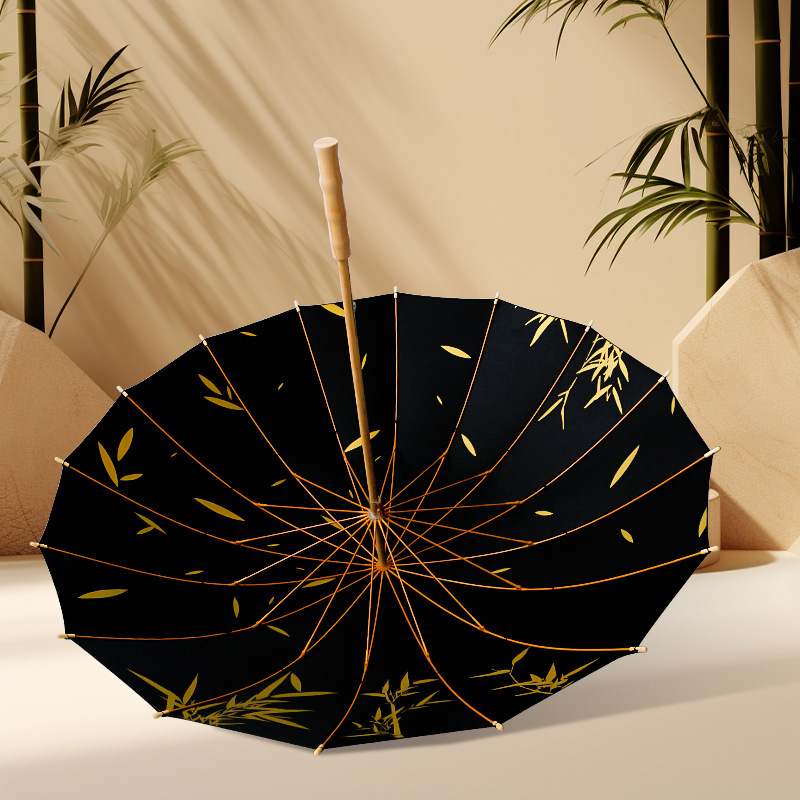 Retro wooden handle Creative Chinese Style long-pole umbrella 16-bone reinforced wind-resistant bamboo leaf rain and rain dual-use umbrella printed logo