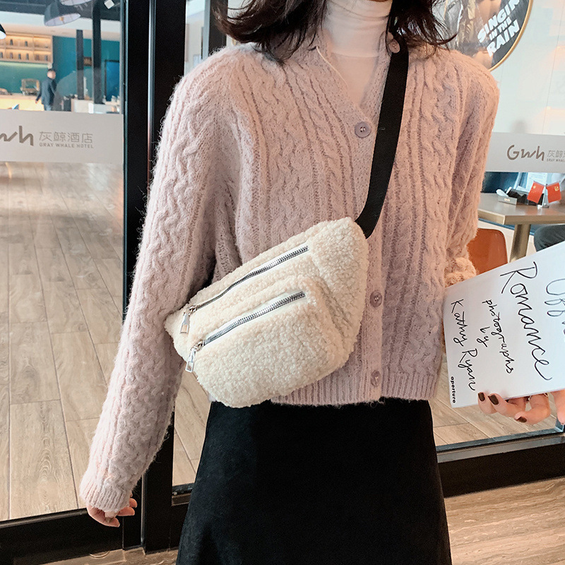 Plush Waist Bag For Women,Lamb Velvet Chest Bag,Autumn And Winter Cute Women's Crossbody Bag,Fashionable Small Shoulder Bag