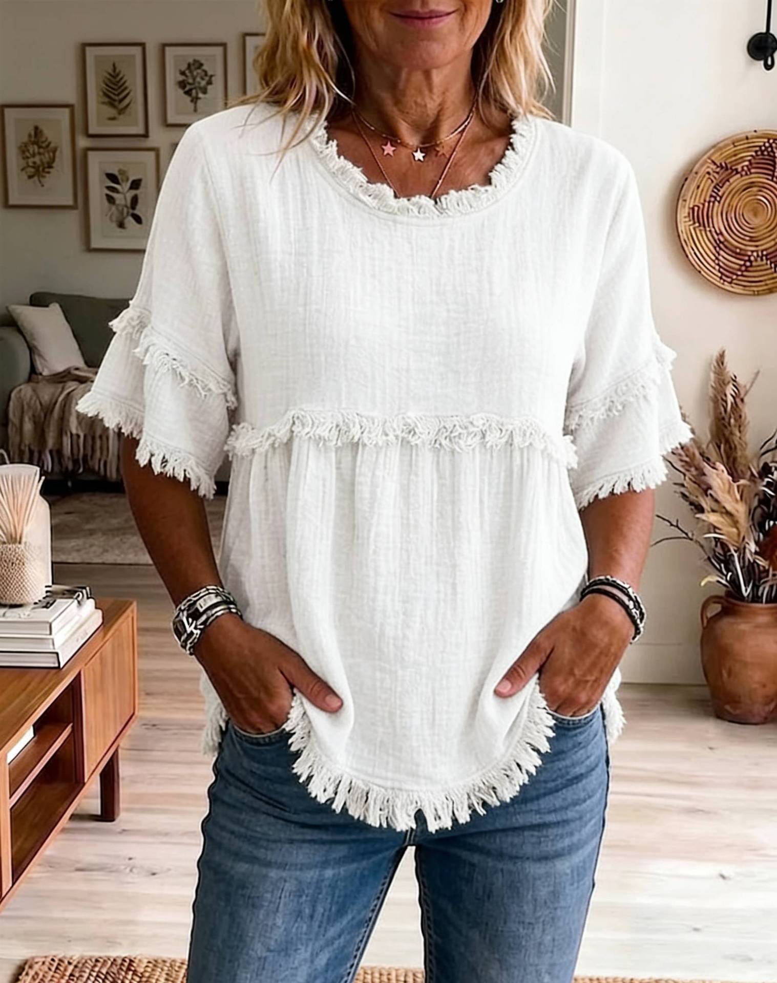 Camicetta retro da donna con frange texture e girocollo_voghion.com