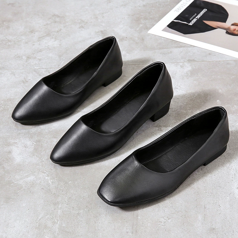 Рабочая обувь с длинной подставкой, не уставшая, женская обувь из мягкой кожи на мягкой подошве, туфли на среднем каблуке на толстом каблуке, туфли на плоской подошве, черные кожаные туфли