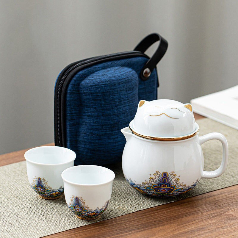 Juego de Té de Viaje Portátil de 2 Tazas, Cerámica, para Viaje
