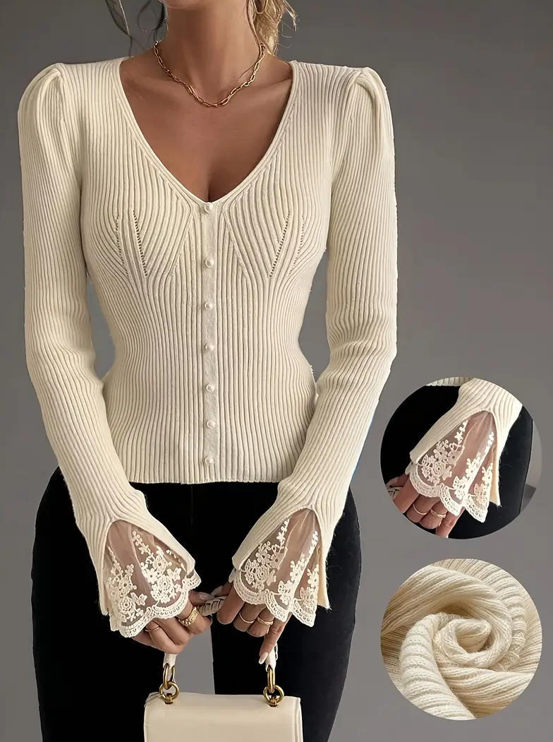 Europa y América transfronterizos ropa de mujer de punto de encaje de cuello V elegante suéter