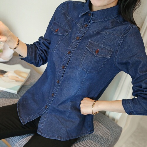 Women's Spring and Autumn New Denim Shirt, Fitted Korean Style Thin Jacket, Versatile Long-Sleeve Denim Top for Petite Women