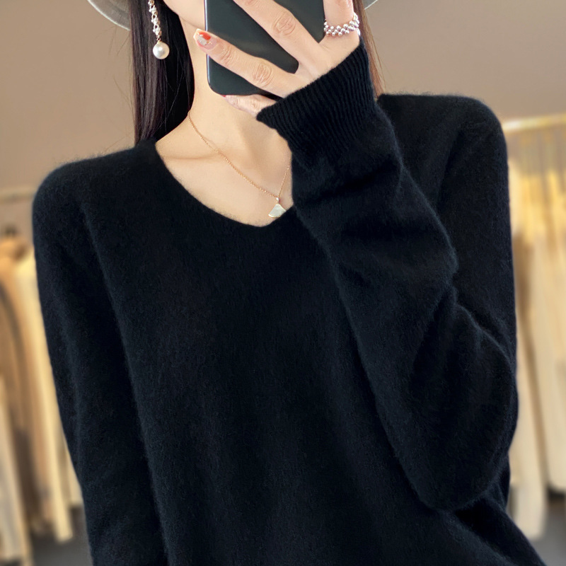 一线成衣V领羊毛衫女春秋款简约百搭羊毛衫宽松套头针织打底衫潮|undefined