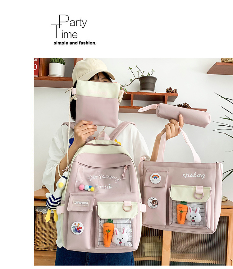 Four-piece Primary School Student Schoolbag New Ins Style Korean College Junior And Middle School Students Large Capacity Canvas Backpack display picture 35