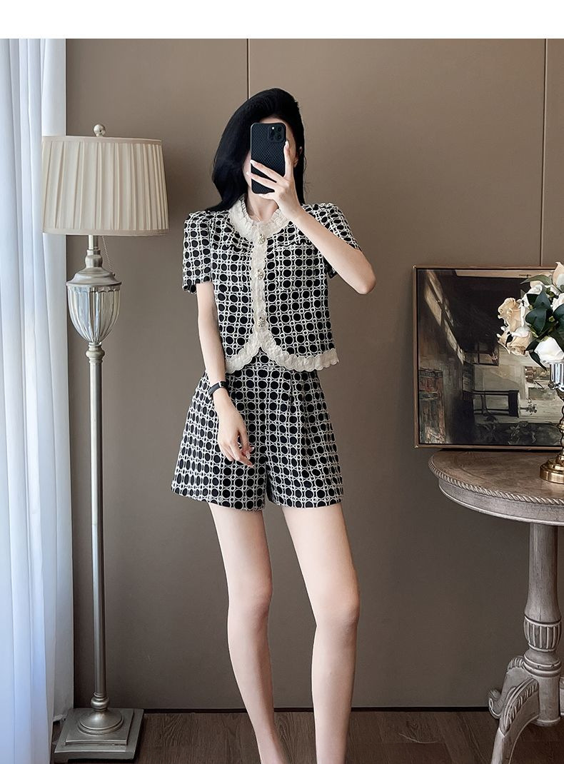 Bộ quần short nữ mùa hè phong cách tiểu hương phong 2 món — Trang phục màu đen chi tiết 2