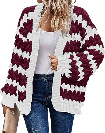 Loose Twisted Knitted Winter Sweater Coat Wine Red With White - Shop at LoveMi