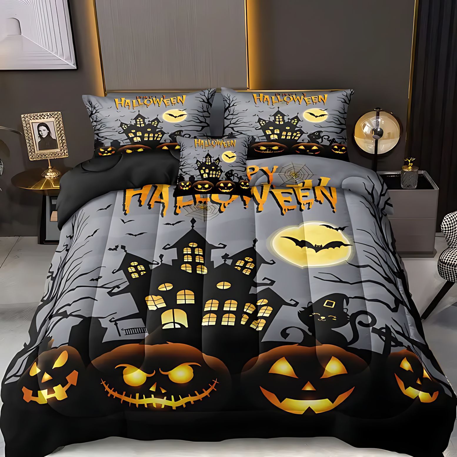 TEMU / JIT Halloween calabaza textil doméstico transfronterizo impresión digital 3D 180gms set de colcha suministro directo