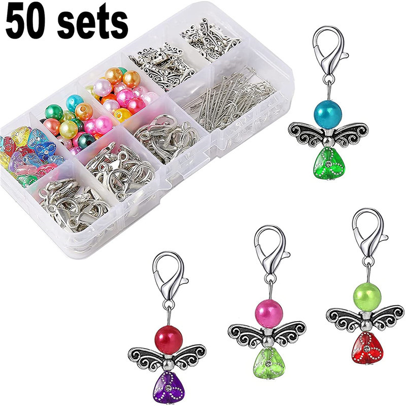 50sets Ángel de la guarda llavero hecho en casa imitación perla Ángel colgante DIY boda joyería collar artesanía