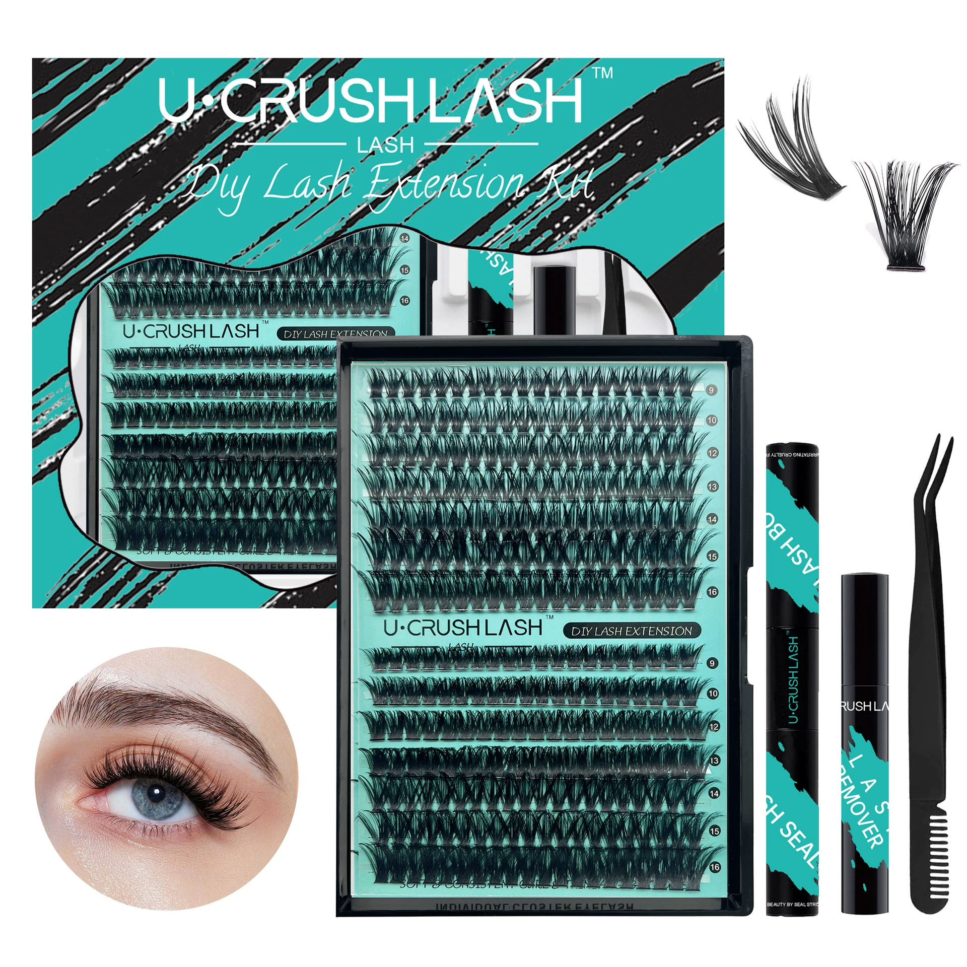 False Eyelash Cluster Set 280 pcs, multi-density D-volume clusters, black display box