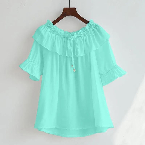Slimming One-Shoulder Blouse with Bellows Sleeve and Pleated Hem, Korean Style Loose Top for 2025 Summer Trend