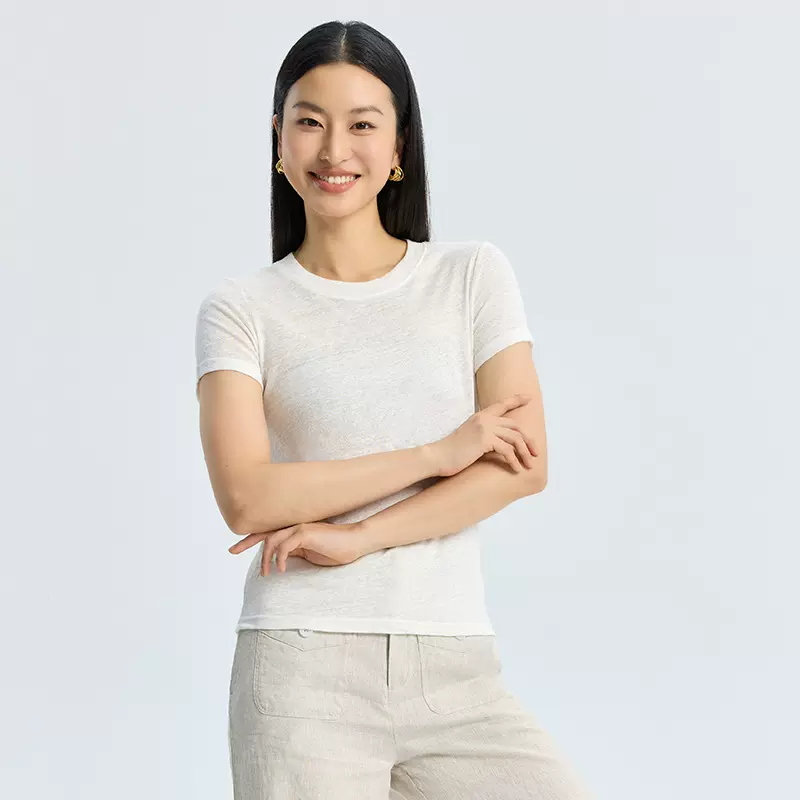 女士短袖T恤亚麻夏季新款宽松休闲纯色正肩圆领短袖T恤