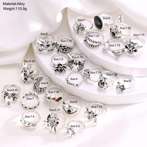 New Dark Hip-Hop Skull Spider Diamond Playing Cards Exaggerated Retro Ring Set of 24 Punk Accessories