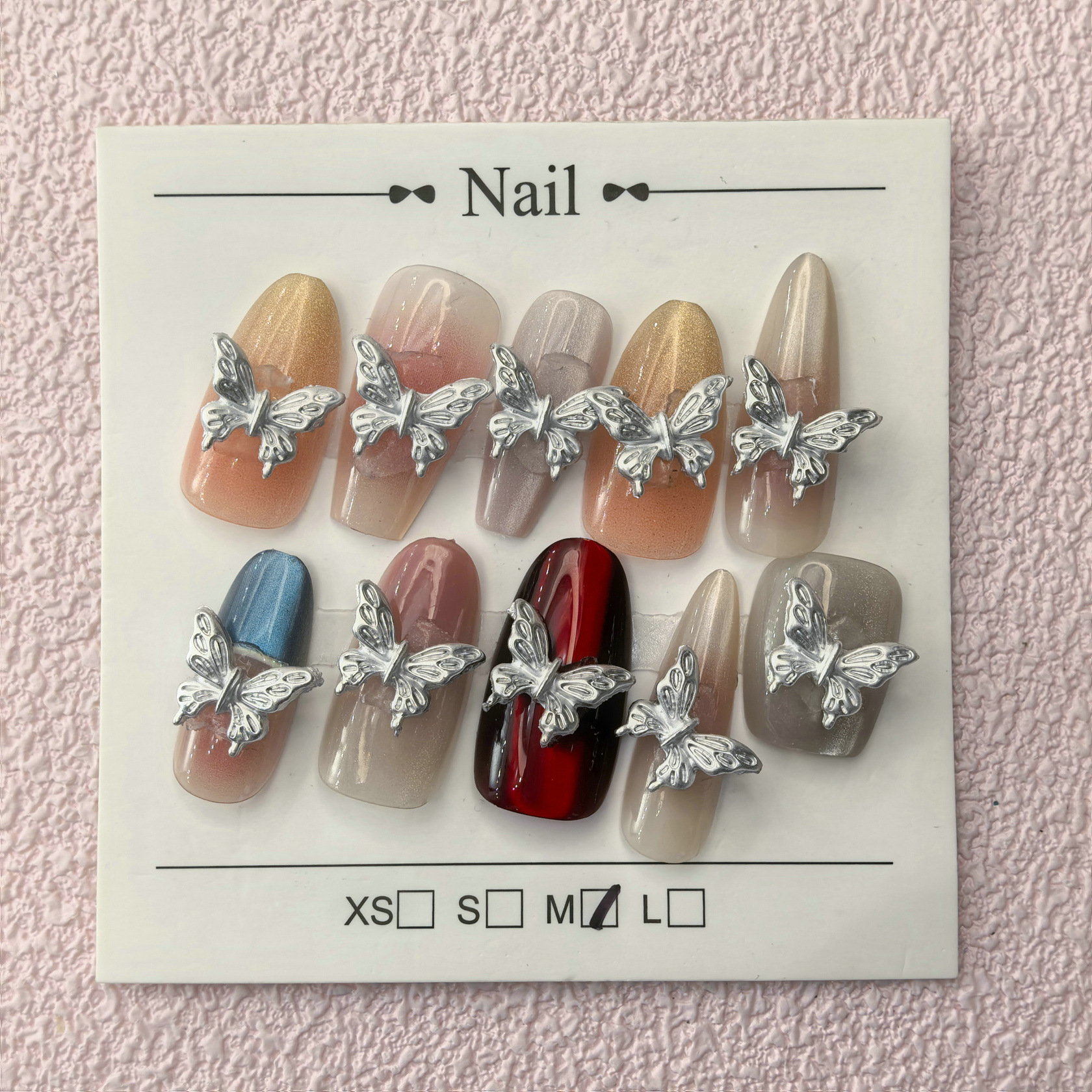 大量现货银色蝴蝶美甲饰品轻奢立体蝴蝶结金属大蝴蝶翅膀指甲钻饰