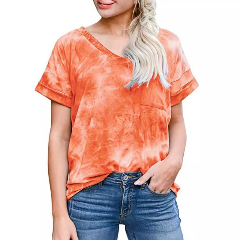 Cross-Border Foreign Trade Women's Clothing Spring and Summer New V-Neck Pocket T-Shirt European and American Tie-Dye Printed Short-Sleeve Loose Women's Top