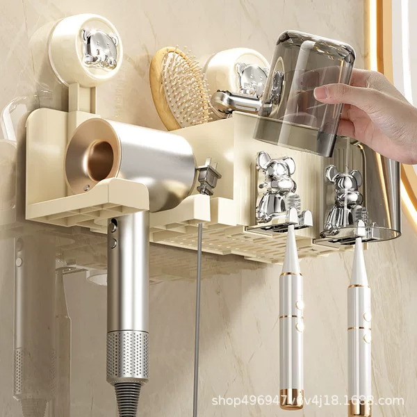Hair Dryer Holder, No-Drill Bathroom Toothbrush Rack, Wall-Mounted Household Storage Rack, Suction Cup Wall Mount