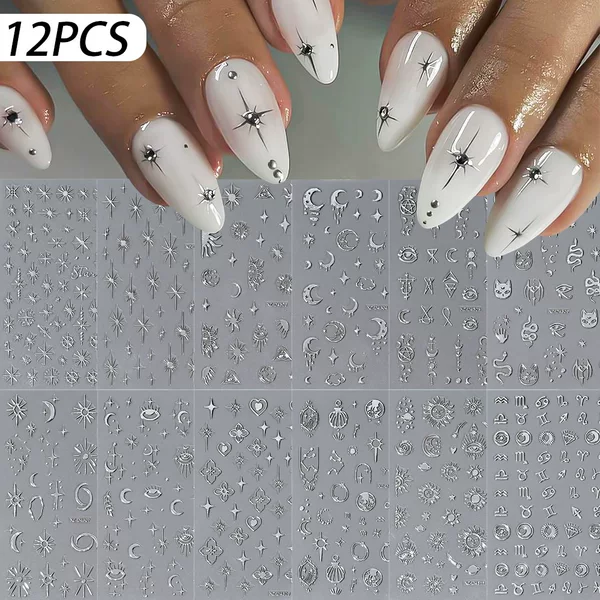 Internet Celebrity Star-Shaped Nail Stickers, Ins-Style Silver Foil Four-Pointed Star Black and White Stars, Cross-Border Hot-Selling Adhesive Nail Stickers