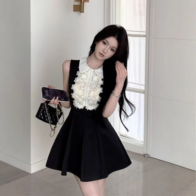 French Daughter Lace Doll Collar Vest dress Women's Summer Chanel Style Elegant Waisted Sleeveless Black Skirt French Daughter Lace Doll Collar Vest dress Women's Summer Chanel Style Elegant Waisted Sleeveless Black Skirt