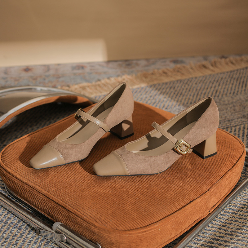 [Fengtong] 5995 foreign-style khaki suede autumn and winter fashion mid-heel single-layer shoes with thick heels and square heads with high heels