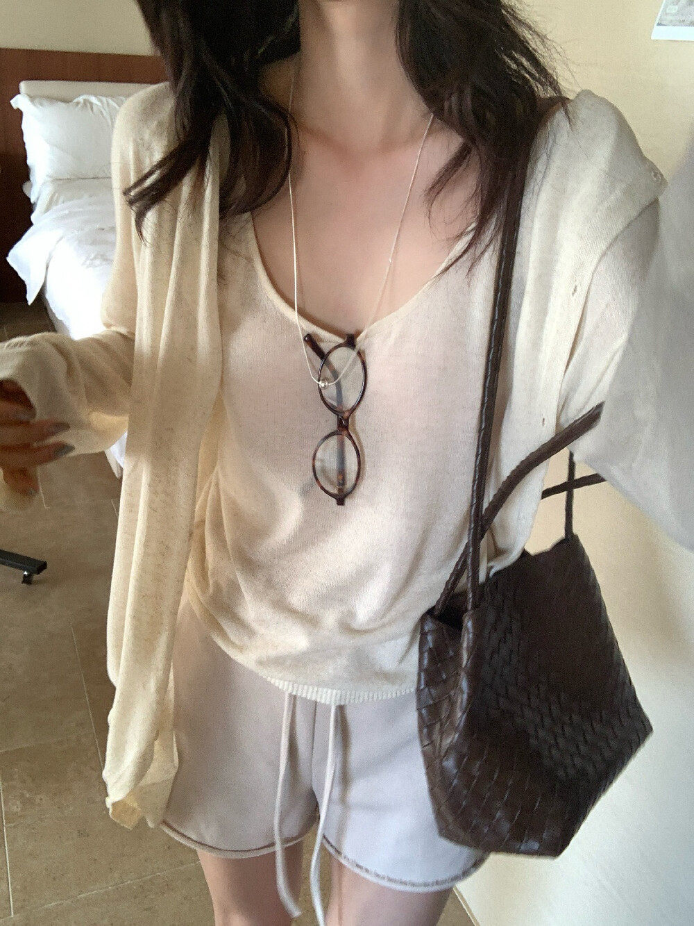 Bộ cardigan len phối áo hai dây nữ phong cách lười biếng mùa hè — yến mạch chi tiết 28