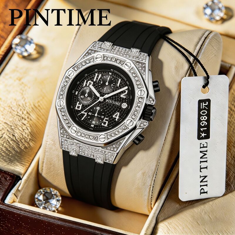 High-End Foreign Trade Model Men's Watch with Full Diamond Inlay, Multifunctional Six-Hand Watch, Niche High-End Feel, Cross-Border Wholesale