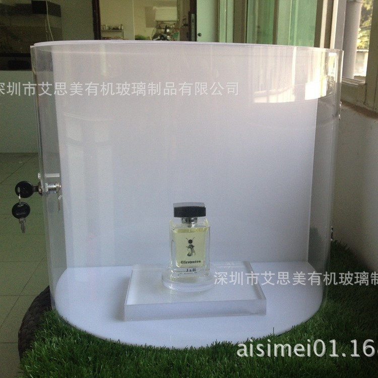 亚克力香水展示道具生产工厂 亚克力半弧形橱柜展示盒生产工厂