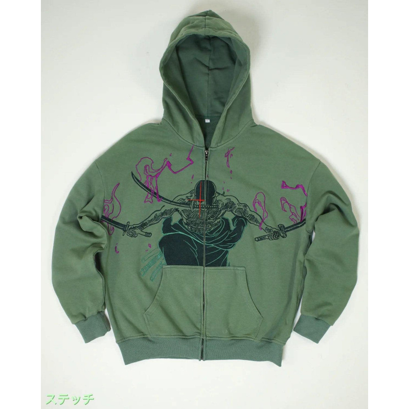 Unbranded One Piece Roronoa Zoro Y2K Zip Sweater Graphic Hooded Green