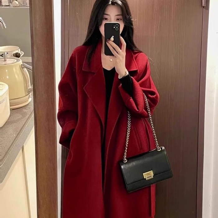 感秋冬季高级红色呢子大衣女韩系赫本风毛毛呢外套米白色驼色灰色|undefined