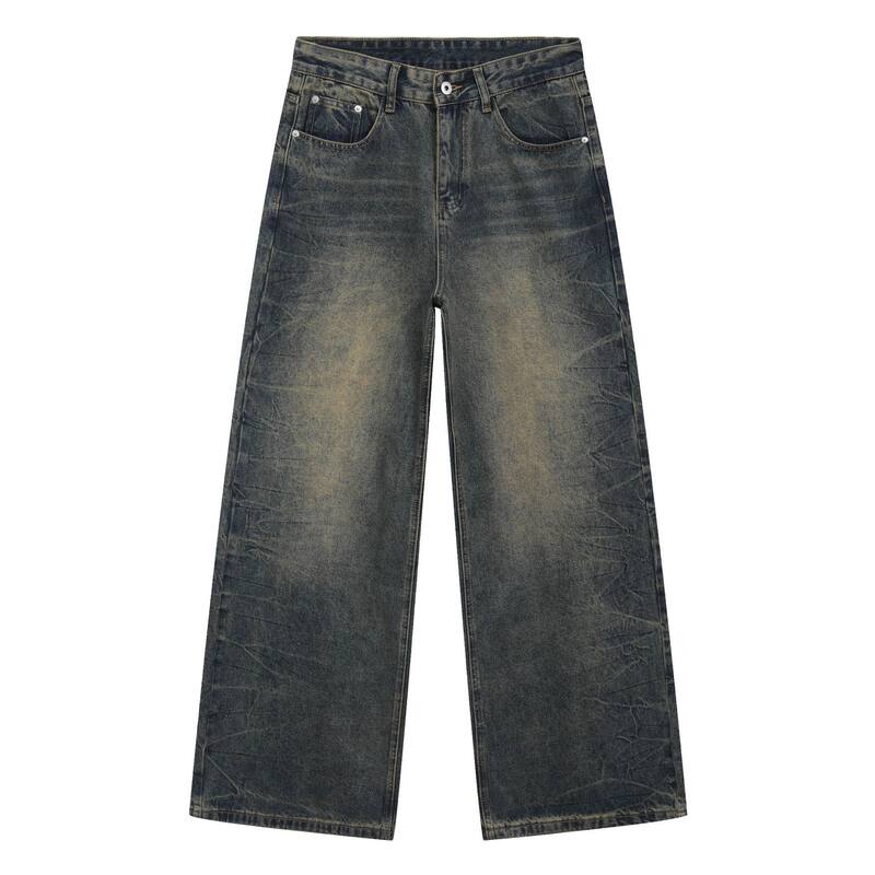 Quần jeans nam dáng rộng ống suông phong cách retro Mỹ, râu mèo xanh, giặt mài làm cũ — Xanh cổ điển