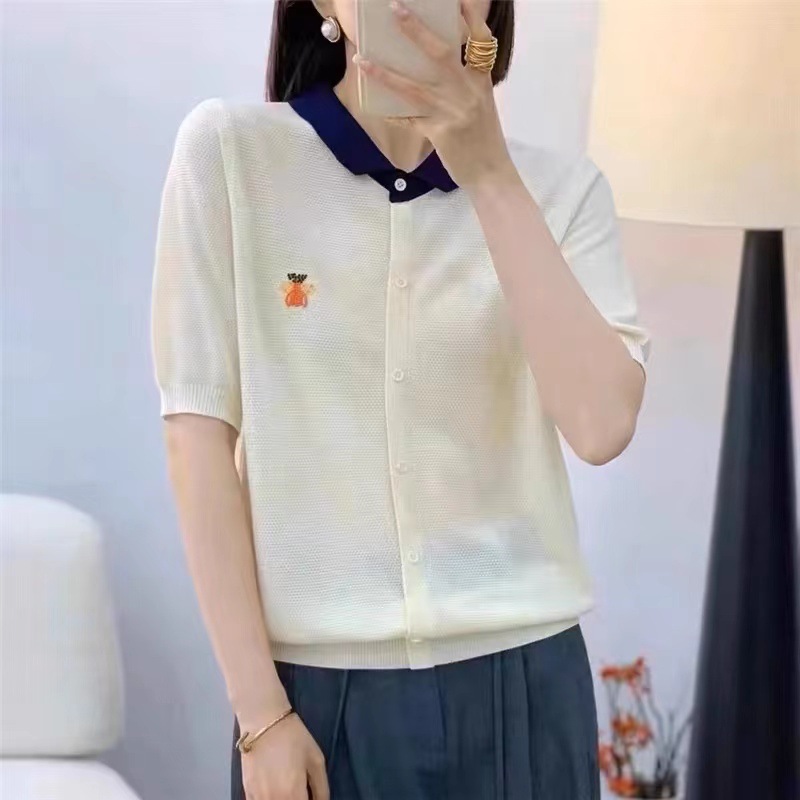YMS106 2024 Summer Loose Thin Short-sleeved Sweater Women's Bee Embroidered Button Small Lapel Top