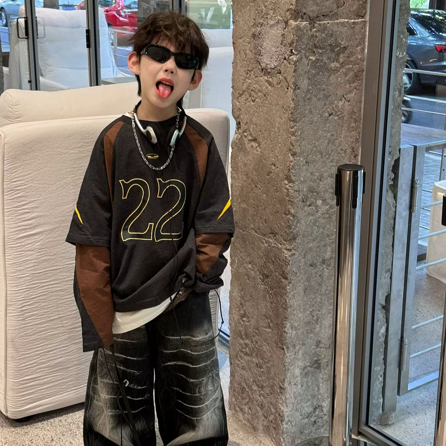 泰如2025秋季新款儿童街头美式休闲T恤男童时尚假两件长袖打底衫