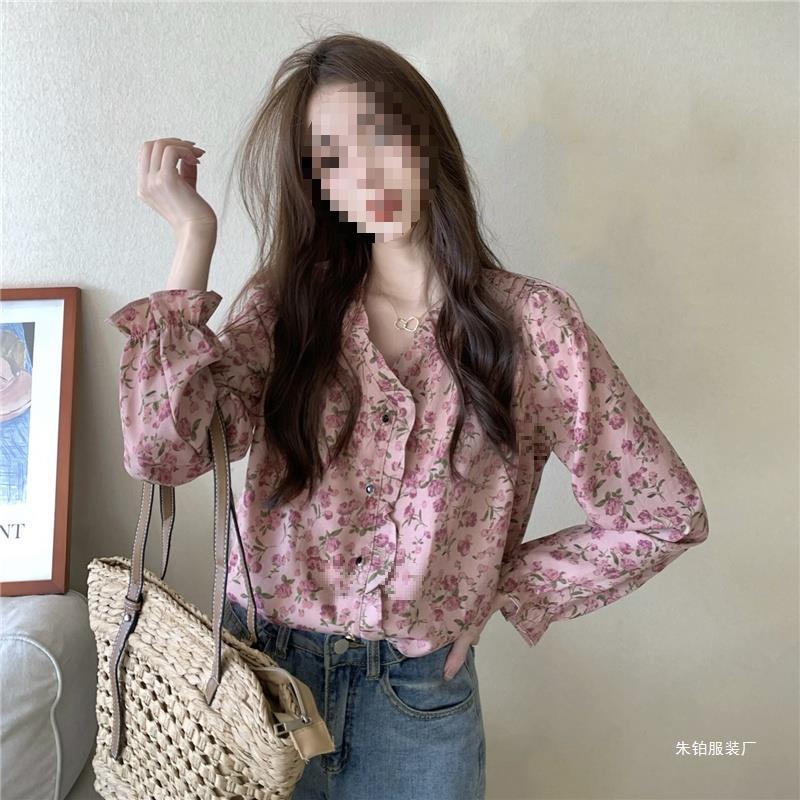 (2개) 핑크 꽃 쇼트 탑 여성 초가을 착용 짧은 V 넥 셔츠 프랑스 세련된 쉬폰 긴팔 셔츠