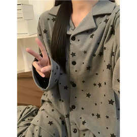 德绒星星爆款睡衣女春秋冬季长袖开衫长裤保暖加绒加厚家居服套装