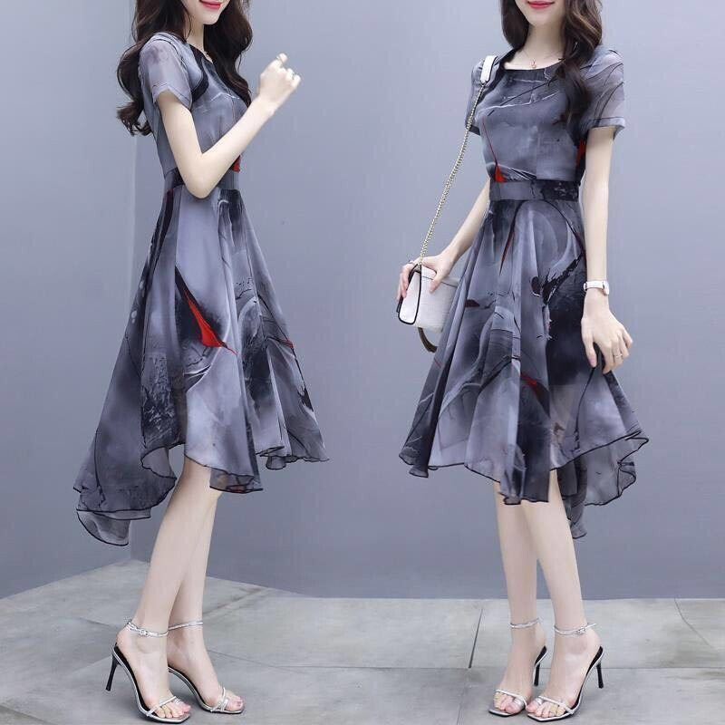 2022 Summer New Dress Women's Short-sleeved Korean-style Slim-fit Slimming Printed Fashionable Elegant Dovetail Dress Fairy Dress