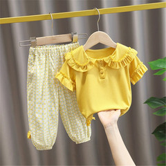 夏季女童套裝寶寶洋氣兒童個性潮清新韓版娃娃領T恤衫碎花燈籠褲