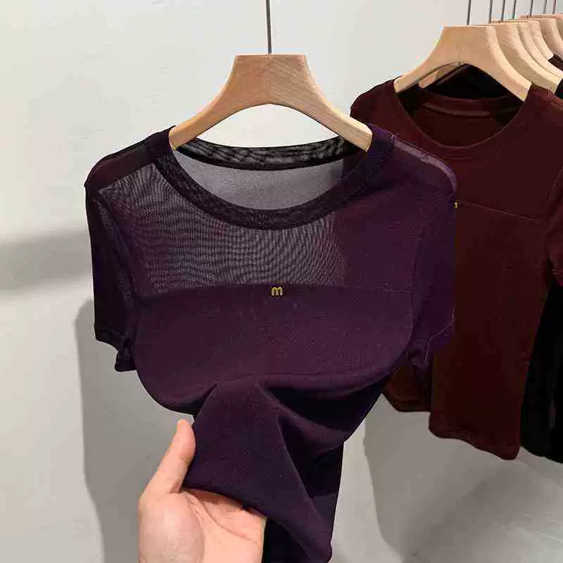 Модная женская футболка из сетки премиум-класса, лето 2025, новая, приталенная, с круглым вырезом и коротким рукавом, на одно плечо