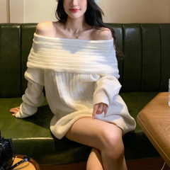 跨境慵懒风一字肩毛衣针织衫女秋冬设计感中长款宽松外穿长袖上衣
