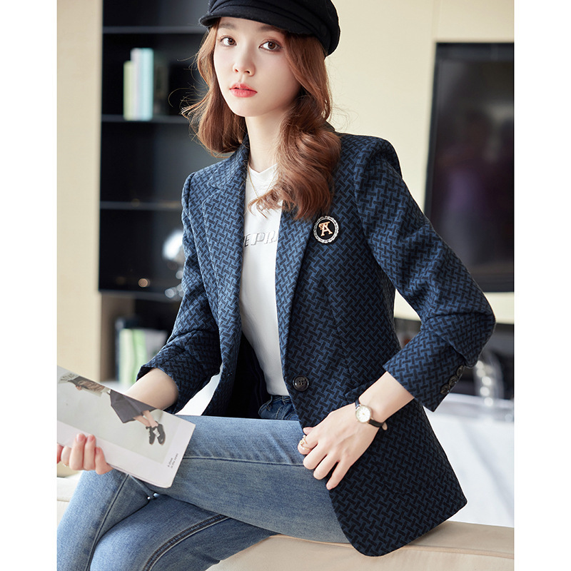 Grey Plaid Suit Jacket Women's Slim-fit Slimming Autumn Fashion Casual Houndstooth Suit Casual Plaid Top